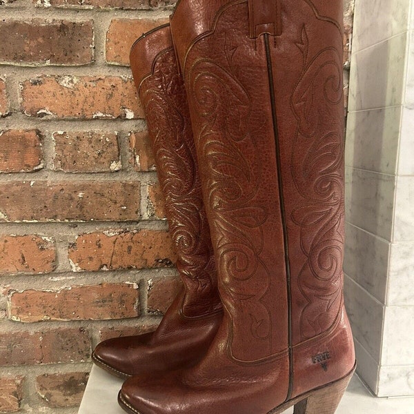 FRYE Vintage Tall Knee High Cognac Brown Cowboy Western Boots 7 Heel 77885 Women