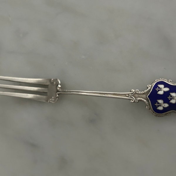 antique Sterling Silver and Enamel blue white coat of arms souvenir fork strawberry fork 1900s