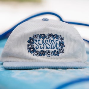 White and Blue Flowers Corduroy Hat &quot;Seaside&quot; 6 Panel Snap Back