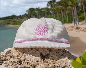 White and Pink Corduroy Embroidered Hat - White & Pink SunDaze California 5 Panel Snap Back Rope Hat