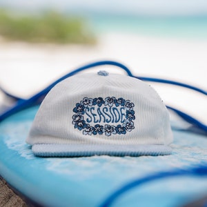 White and Blue Flowers Corduroy Hat "Seaside" 6 Panel Snap Back