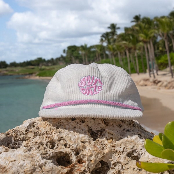 Vintage Sunset Inspired Corduroy Hat - White & Pink SunDaze 5 Panel Snap Back