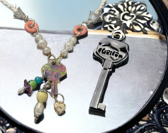 Shabby chic white macrame summer colorful hand painted double faced key and charms necklace