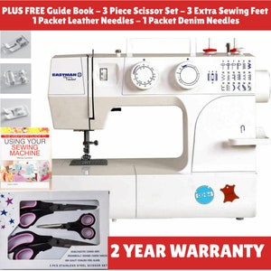 May include: White sewing machine with a 2-year warranty. The machine features a needle threader, a foot pedal, and a variety of stitch options. It comes with a free guide book, 3 extra sewing feet, 1 packet of leather needles, and 1 packet of denim needles. The machine also comes with a set of 3 stainless steel scissors with pink handles.
