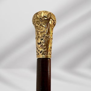 Elegant Antique Carved Gold Plate Knob Handle Unique Walking Stick Cane Brown