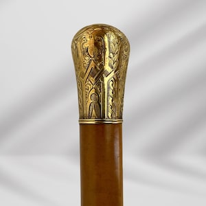 Antique Skinner Gold Plated Knob Handle Walking Stick Cane Light Brown