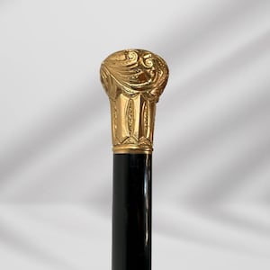 Elegant Antique Carved Gold Plate Knob Handle Best Hallifax Walking Stick Cane Black  Signed