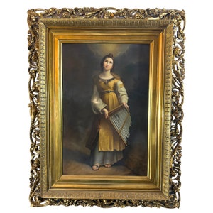 Rare Antique KPM Porcelain Portrait Of Saint Cecilia After Raphael With Beautiful Gilt wood Carved Frame