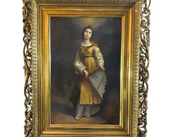 Rare Antique KPM Porcelain Portrait Of Saint Cecilia After Raphael With Beautiful Gilt wood Carved Frame