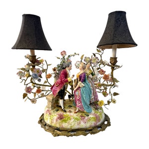 Enchanting Made in Germany Meissen Double Figural Lamp with Porcelain Flower and Bronze Base.