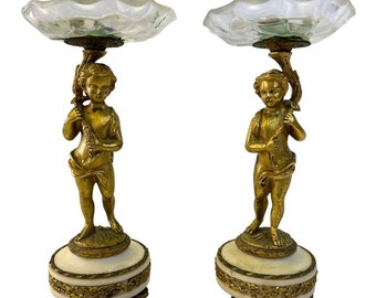 Antique Bronze Marble & Glass Pair of Figural Candle Holder