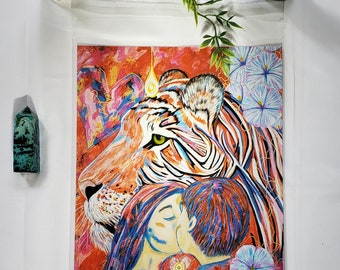 May include: A colorful painting of a tiger with a human couple embracing. The tiger has orange, black, and white stripes. The couple is painted in shades of blue, pink, and purple. The background is a vibrant red with abstract shapes and flowers.