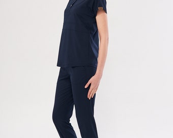 Uniforme da medico e infermiera ricamata blu navy personalizzabile