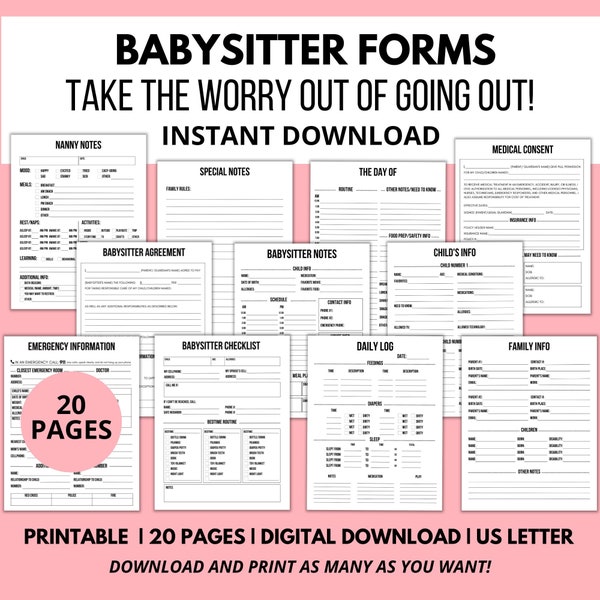 Babysitting Forms, Checklist, Information Sheets, Planner Schedule, Emergency Contact Info, Instructions, Family Rules, Agreement, Medical