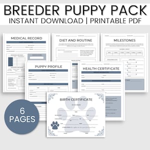 Pack de chiots éleveur bleu, formulaires d'éleveur de chiens, dossiers d'éleveur de chiens, dossiers de chien, vaccination de chien, certificat de chien, planificateur de chien, soins pour chiens