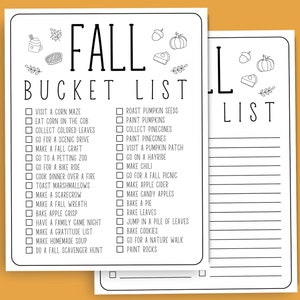May include: A printable fall bucket list with a black and white illustration of a pumpkin, pie, and leaves. The list includes activities like visiting a corn maze, collecting colored leaves, and baking apple crisp.