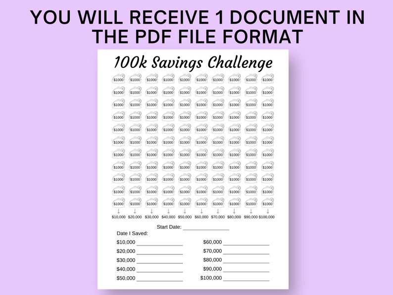 100k Savings Challenge Printable PDF, 100 000 Money Savings Tracker Log ...