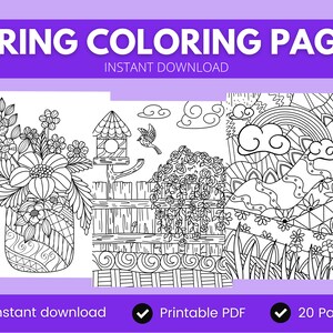 May include: A set of 20 printable coloring pages featuring spring-themed illustrations. The pages include a birdhouse, flowers, a fence, a rainbow, and clouds.  Instant download.