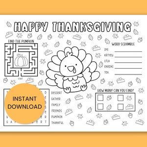 Thanksgiving Printable Activity Placemat, Coloring Placemat, Coloring Page For Kids, Kids Activities,  Coloring Sheet, Thanksgiving Coloring