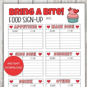 Może przedstawiać: Drukowany arkusz zgłoszeniowy na jedzenie z czerwonym napisem "BRING A BITE!". Arkusz zawiera sekcje na przystawki, dania główne, dodatki, desery, napoje i inne przedmioty. Obecne jest również czerwone koło z napisem "NATYCHMIASTOWE POBIERANIE".