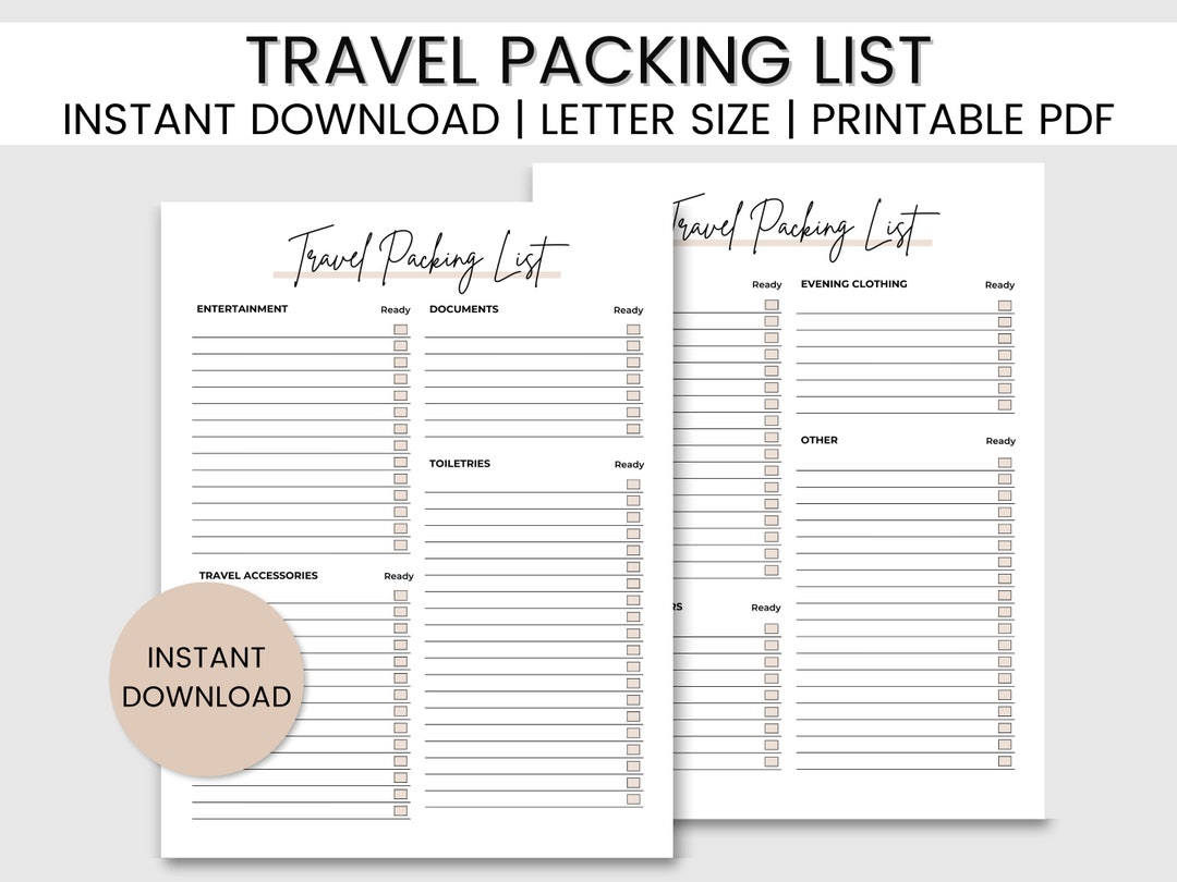 Travel Packing List Printable, Packing Checklist, Cruise Packing List,  Packing List PDF, Travel Essentials, Travel Checklist, Packing Lists