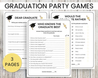 May include: Graduation party games set with three pages. The pages include fill-in-the-blank prompts, a 'Who Knows the Graduate Best' quiz, and a 'Would the Graduate Rather' game. The games are printed on white paper with black text and graduation cap graphics.