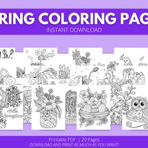 May include: A set of 20 printable coloring pages featuring spring-themed illustrations. The pages include images of flowers, butterflies, birds, and other springtime elements. The text "Hello, Springtime" is included on one of the pages.