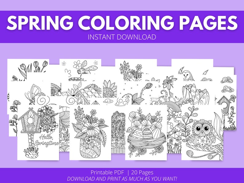 May include: A set of 20 printable coloring pages featuring spring-themed illustrations. The pages include images of flowers, butterflies, birds, and other springtime elements. The text "Hello, Springtime" is included on one of the pages.