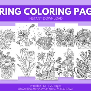 May include: A set of 20 printable coloring pages featuring spring-themed illustrations. The pages include images of flowers, butterflies, bees, and other springtime elements. The text "Printable PDF | 20 Pages" and "Download and print as much as you want!" is included at the bottom of the image.
