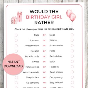 Would The Birthday Girl Rather Game Printable, Birthday Party Games, Birthday Games, Kids Birthday, Adult Birthday Game, Birthday For Him