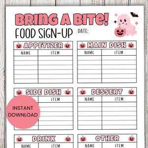 Op de afbeelding: Een wit inschrijfformulier voor eten met de tekst BRING A BITE! FOOD SIGN-UP. Het blad bevat roze en zwarte afbeeldingen van pompoenen, een spookje en een vleermuis. Het bevat secties voor voorgerecht, hoofdgerecht, bijgerecht, dessert, drankje en overig.