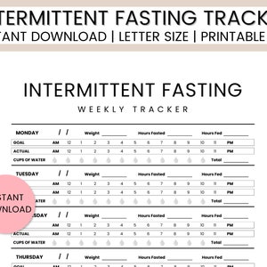 Intermittent Fasting Tracker, Weight  Loss Tracker, Water Tracker, Fasting Log, Printable Tracker