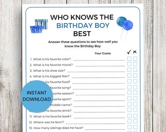 Who Knows The Birthday Boy Best Game Printable, Birthday Party Games, Birthday Games, Kids Birthday, Adult Birthday Game, Birthday For Him