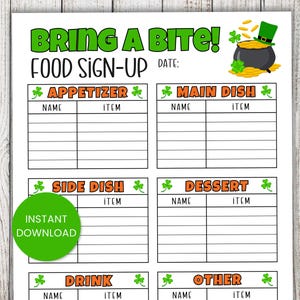 Puede incluir: Una hoja de inscripción de alimentos imprimible con texto verde que dice "BRING A BITE! FOOD SIGN-UP". Incluye secciones para aperitivos, platos principales, guarniciones, postres, bebidas y otros artículos. También hay un círculo verde con "DESCARGA INSTANTÁNEA".