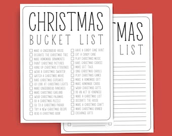 May include: A printable Christmas bucket list with a checklist of activities to do during the holiday season. The list includes activities like making gingerbread houses, decorating the Christmas tree, and going to a Christmas parade.