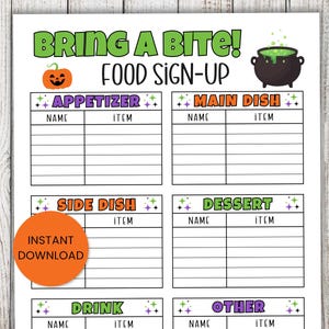 May include: A Halloween-themed food sign-up sheet with a pumpkin and cauldron design. The words "BRING A BITE!" are in green. Sections are provided for appetizers, main dishes, side dishes, desserts, drinks, and other items.