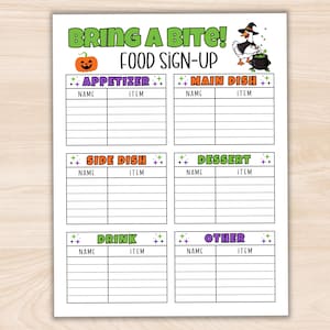 Op de afbeelding: Een Halloween-inschrijfformulier voor eten met de tekst "BRING A BITE! FOOD SIGN-UP". Het heeft secties voor voorgerechten, hoofdgerechten, bijgerechten, desserts, drankjes en andere items. Een pompoen- en heksengrafiek zijn inbegrepen.