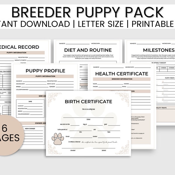 Breeder Puppy Pack, Dog Breeder Forms, Dog Breeder Records, Printable Dog Record, Dog Vaccination, Dog Certificate, Dog Planner, Dog Care