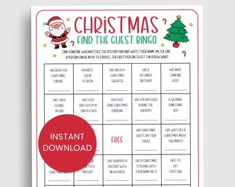 May include: A printable Christmas Bingo game with a festive red and green colour scheme. The game is designed to find guests who match the descriptions on the bingo card. The card features a Santa Claus illustration and a Christmas tree.