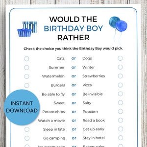 Would The Birthday Boy Rather Game Printable, Birthday Party Games, Birthday Games, Kids Birthday, Adult Birthday Game, Birthday For Him