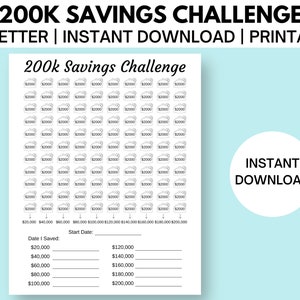 200k Savings Challenge Printable PDF, 200 000 Money Savings Tracker Log, Instant Download