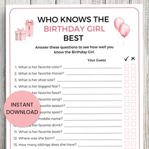 Who Knows The Birthday Girl Best Game Printable, Birthday Party Games, Birthday Games, Kids Birthday, Adult Birthday Game, Birthday For Her