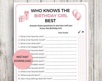 Chi conosce meglio la festeggiata? Gioco stampabile, Giochi per feste di compleanno, Giochi di compleanno, Compleanno per bambini, Gioco di compleanno per adulti, Compleanno per lei