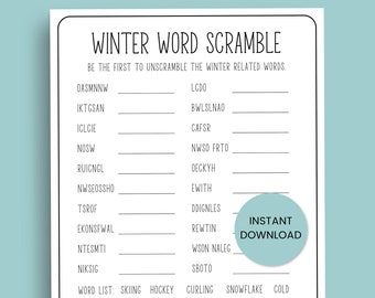 May include: A printable winter-themed word scramble game with a white background and black text. The title "WINTER WORD SCRAMBLE" is at the top. A light blue circle with "INSTANT DOWNLOAD" is on the right. The game includes a list of winter-related words.