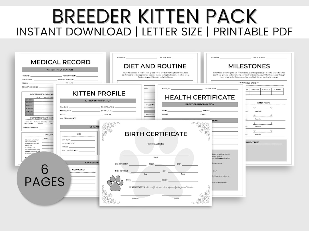 Cat Breeder Forms, Breeder Kitten Pack, Cat Breeder Records, Printable ...