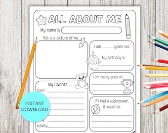 All About Me Coloring Sheet, Back To School, First Day of School, Favorite Things List, Get To Know Me, For Student, Homeschool, Classroom