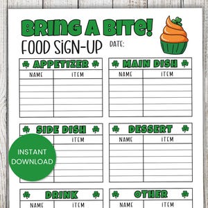 Puede incluir: Una hoja de inscripción de alimentos con el texto "BRING A BITE!" en verde. La hoja incluye secciones para aperitivos, platos principales, guarniciones, postres, bebidas y otros artículos. También hay un círculo verde con "INSTANT DOWNLOAD".