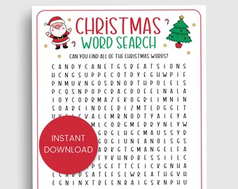 Puede incluir: Un rompecabezas de búsqueda de palabras de Navidad imprimible con una ilustración de Papá Noel y un árbol de Navidad. El rompecabezas incluye las palabras: bastón de caramelo, decoraciones, Polo Norte, reno, muérdago, adornos, Navidad, corona, pan de jengibre, ángel, calcetín, trineo, regalos y Papá Noel. El texto "Descarga instantánea" también está incluido.