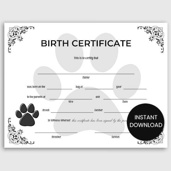 Puppy Birth Certificate Black, Dog Breeder, Dog Certificate, New Puppy, Pet Certificate, Dog Birth Certificate, Dog Owner, Dog Mom, Dog Dad