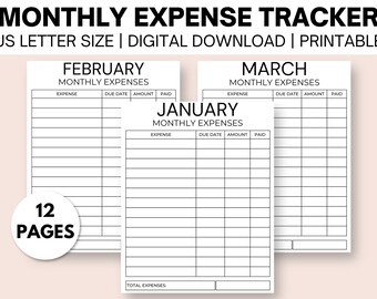 Può includere: Tracker di spese mensili stampabile con 12 pagine. Il tracker ha colonne per spesa, data di scadenza, importo e pagato. I mesi inclusi sono gennaio, febbraio e marzo.